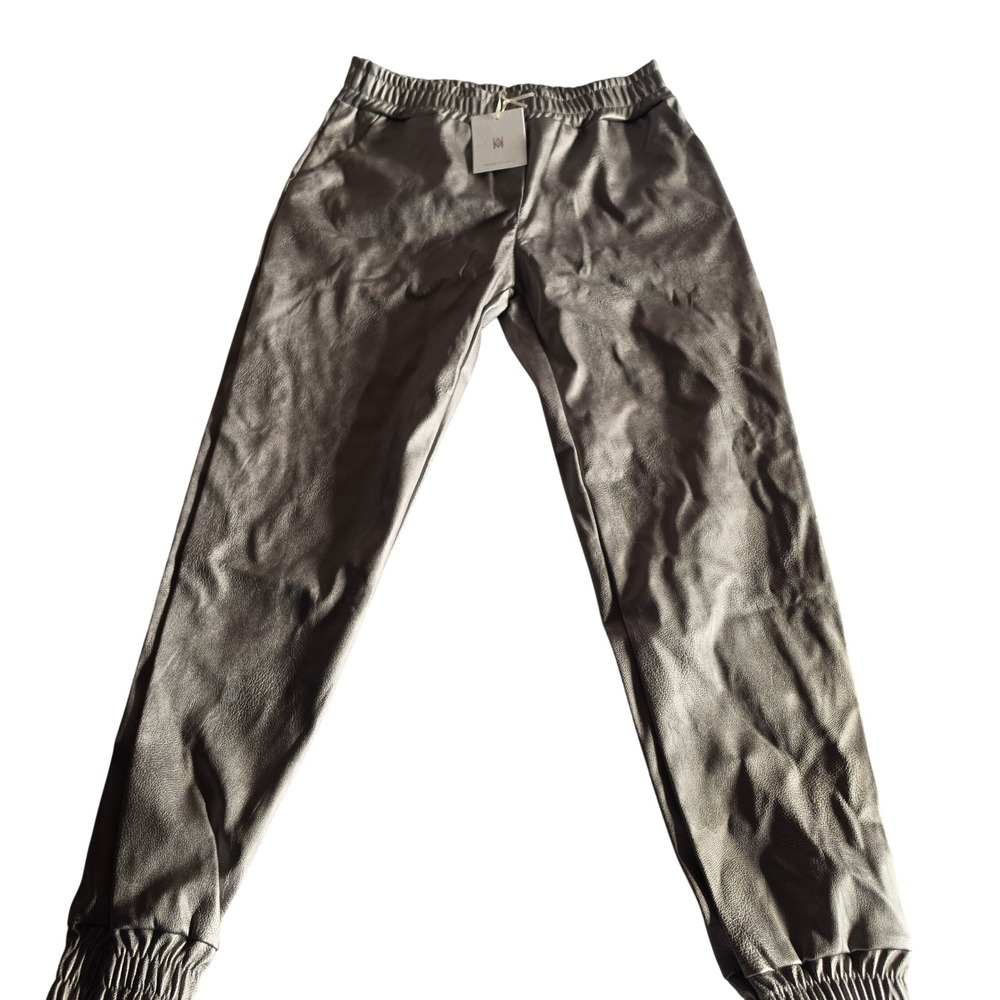 Milio-Milano Womens Metallic Faux Leather Jogger Pants Pewter Silver Made Italy